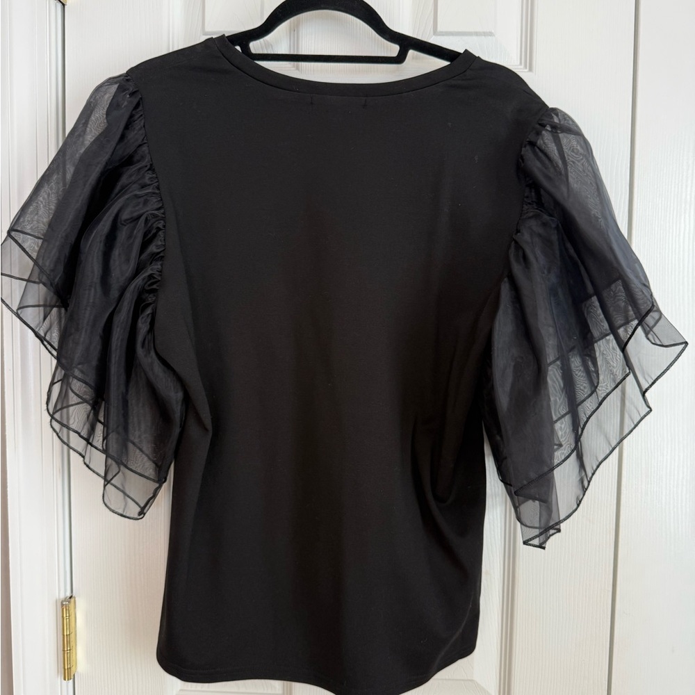 Elegant Black Top with Graphic and Sheer Sleeves - Picture 2 of 3